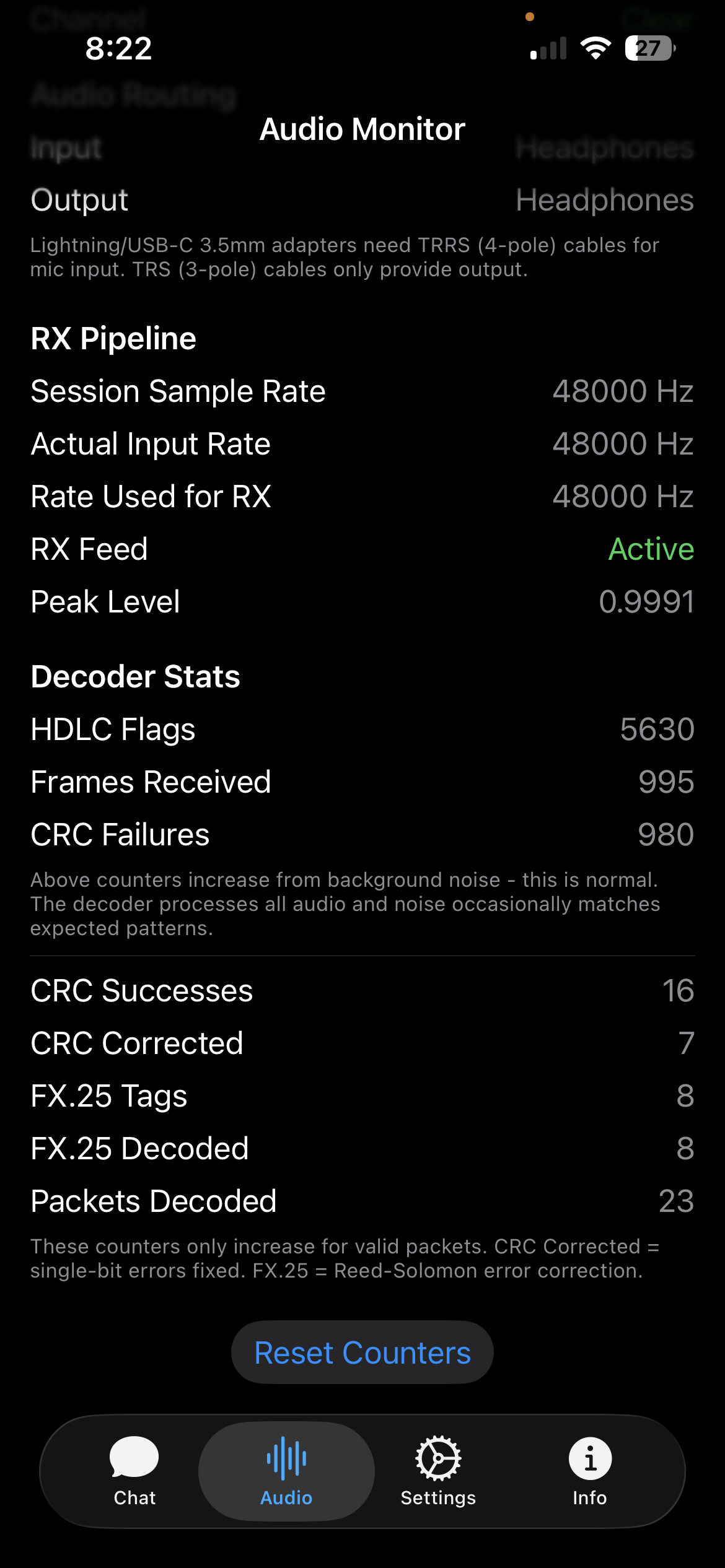 PacketMessage showing FX.25 error correction stats